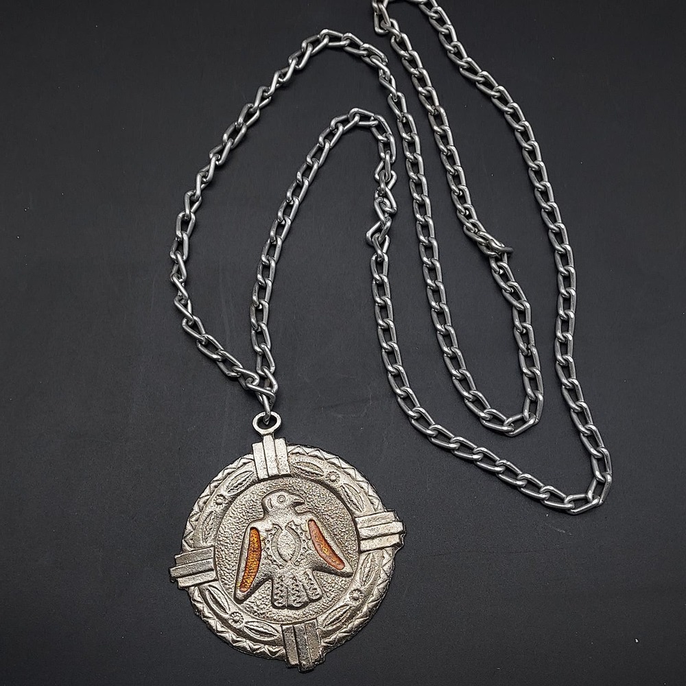 Heavy Silver Tone Tribal Eagle Bird Pendant Necklace Copper Tone Wings